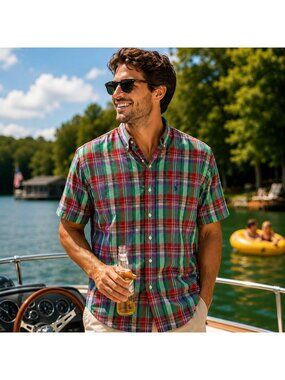 Ralph Lauren Mens L Blake Short-Sleeve Plaid Shirt L 100% Cotton Preppy Summer